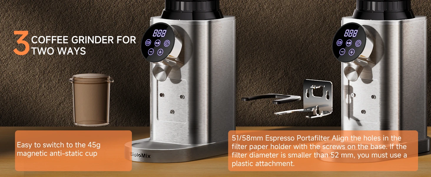 BioloMix Professioneller konischer Gratmühle, 48 einstellbare Einstellungen mit abnehmbarem Halter für Espresso-Tropfen und French-Press – Detail 13