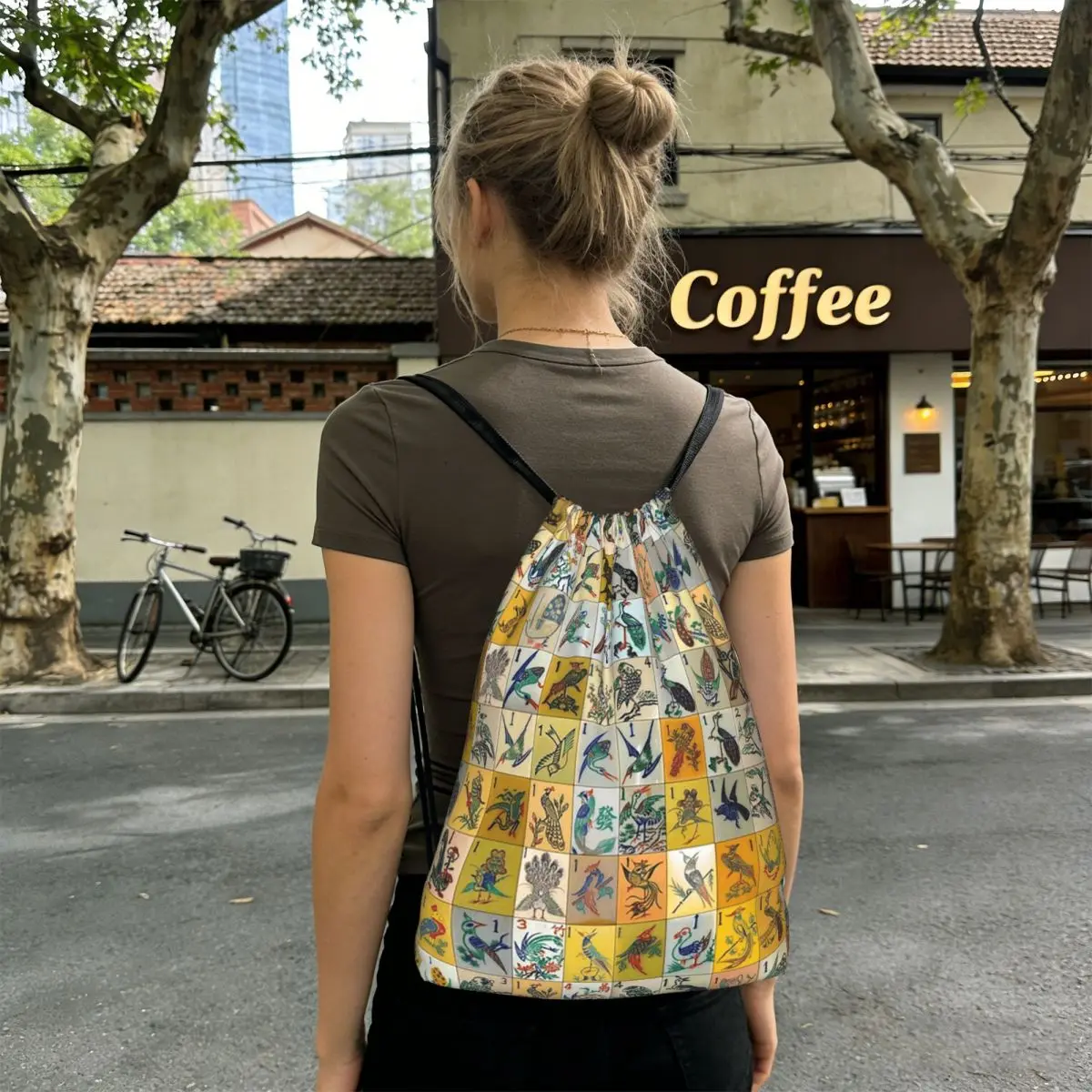 Mah Jongg Birds Mahjong Tiles Backpacks Portable Drawstring Bundle Pocket Storage Bag Book Bags for Travel School