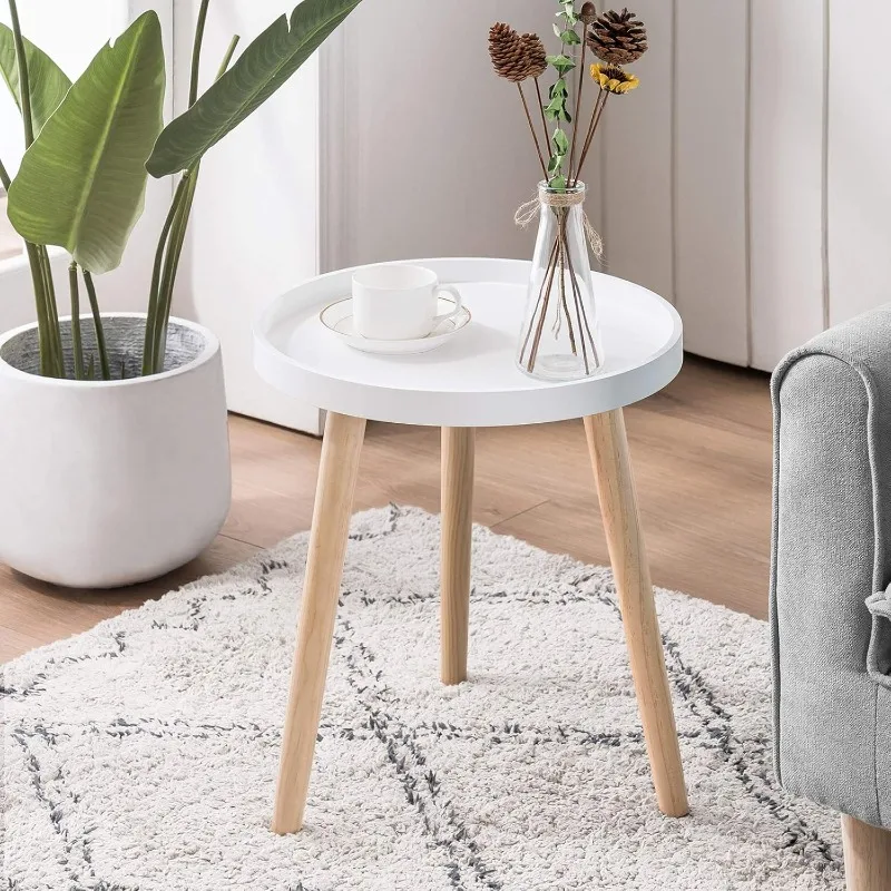 

Round Side Table, White Tray Nightstand Coffee End Table for Living Room, Bedroom, Small Spaces, Easy Assembly Bedside