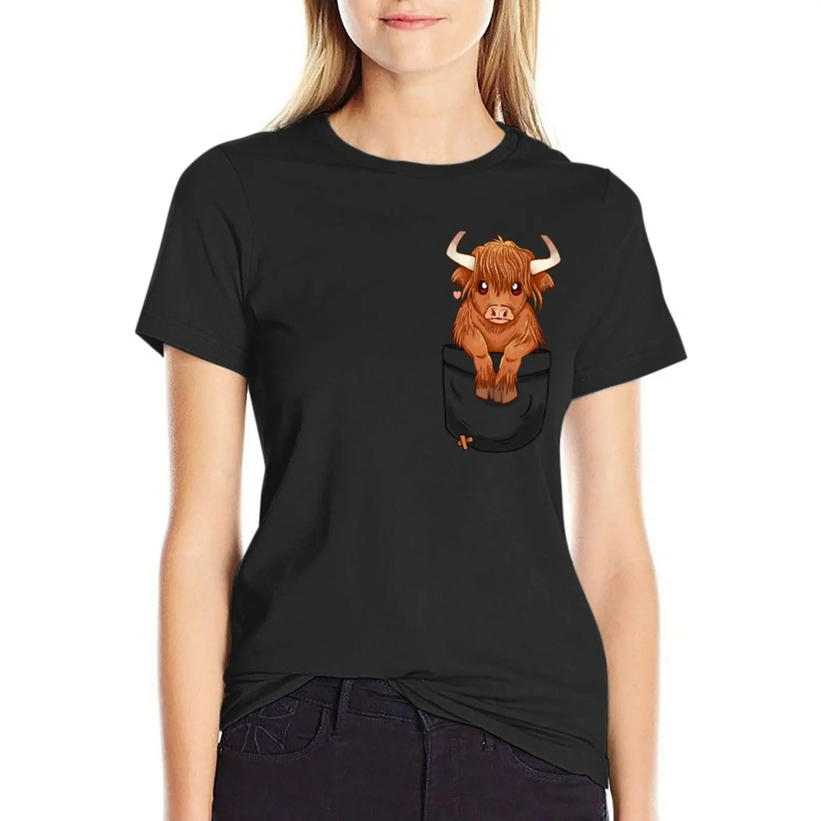 

Pocket Cute Scottish Highland Cow T-Shirt lady clothes hippie clothes graphics Blouse t-shirts for Women graphic tees