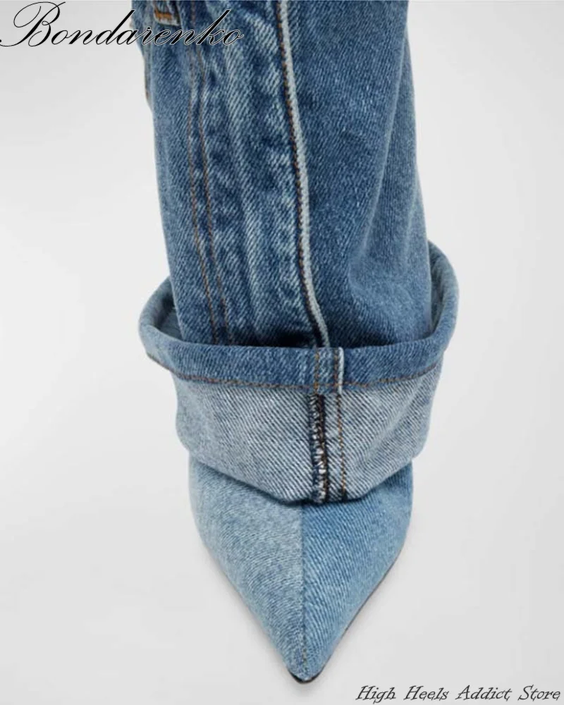 Blue Denim Sexy Cowboy Boots Women Stiletto Heel Pointed Toe Pants Ankle Booties Winter Zipper New in Shoes Free Ship