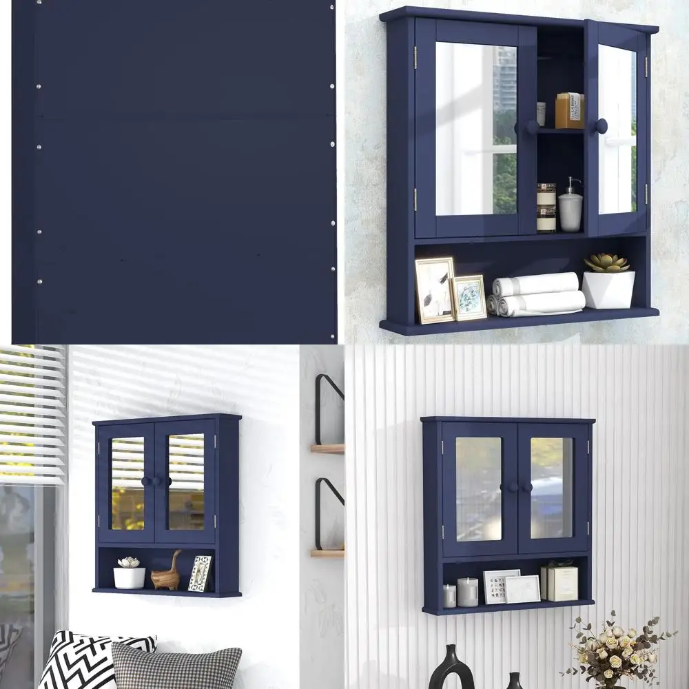 

Синий аптечка с зеркалом, 2 дверцами и 3 открытыми полками — настенный деревянный шкаф для хранения вещей для ванной комнаты, прачечной или кухни