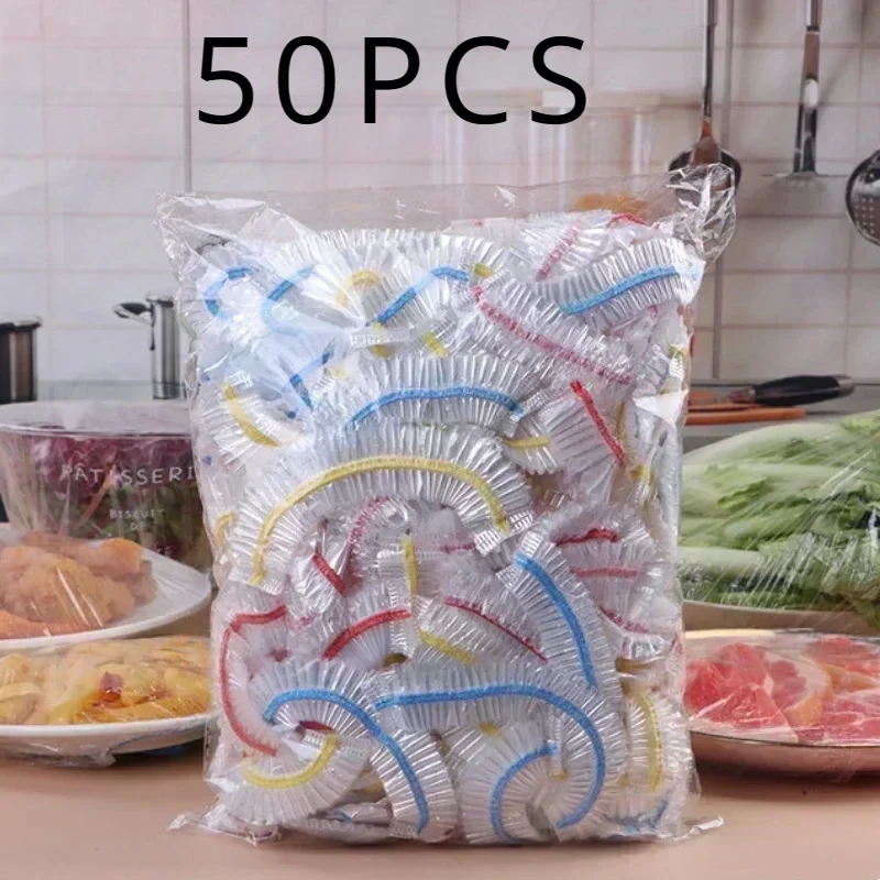 50PCS Disposable Food Cover Saran Wrap Colorful Food Grade Fresh-keeping Thickened Elastic Plastic Bag Kitchen Accessories