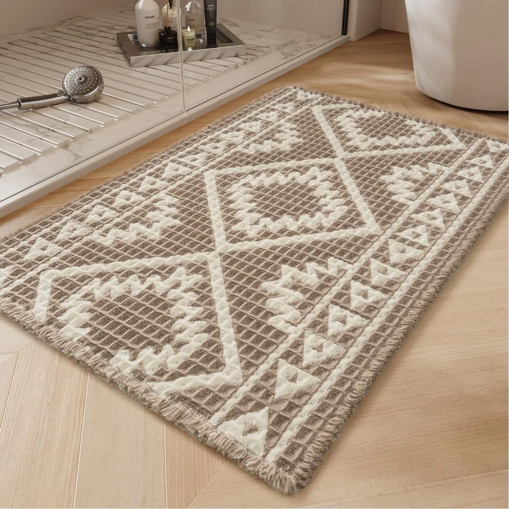 

-Waffle Bath Mat 24"x36"-Super Absorbent Bath Mats for Bathroom, Machine Washable Non Slip Bathroom Rug with Tassels, Soft Bathr