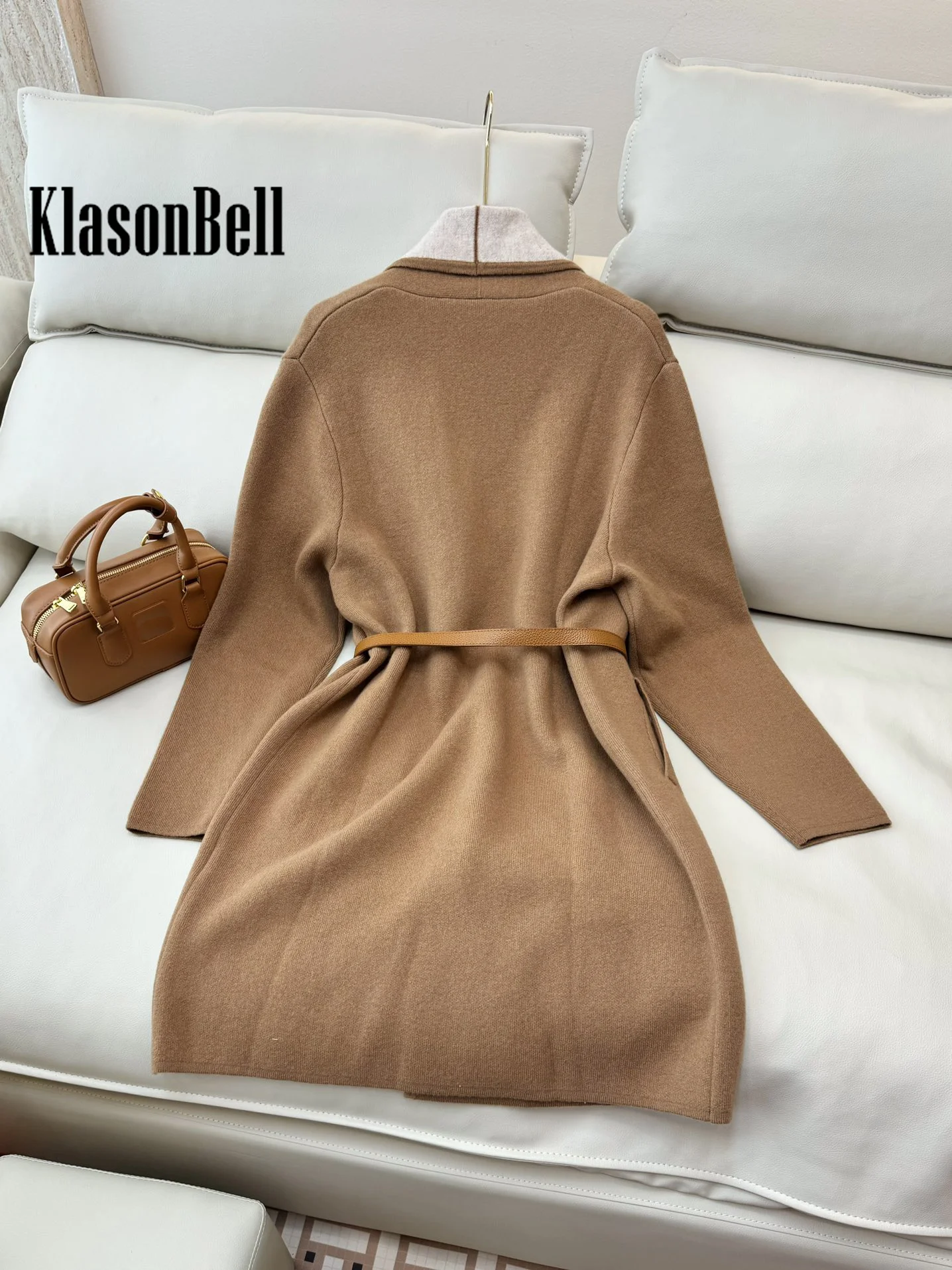 9.4 KlasonBell Women Classic Double-Suede Patchwork Color Lapel Collar Wool Knit Cardigan With Leather Belt Long Sleeve Coat