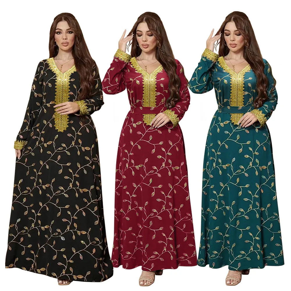 

XQY500188 Saudi Clothing Arab Fashion Bead Embroidered Gold Lace Embroidered Robe