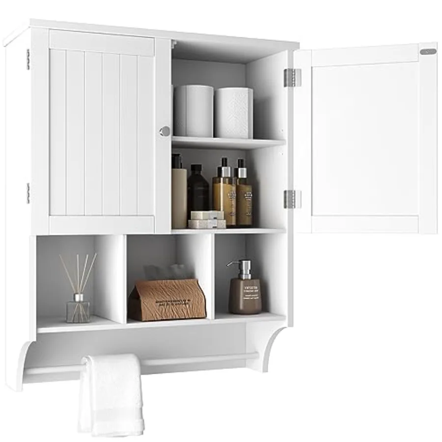 

Bathroom Wall Cabinet Over The Toilet Storage Cabinet with Towels Bar 2 Door Adjustable Shelves Large Space White Wall Mounted