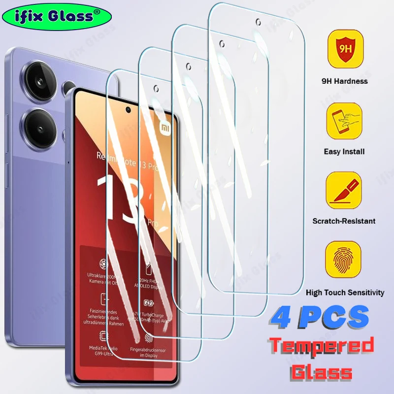 4Pcs Tempered Glass For Xiaomi Redmi Note 13 12 11 10 Pro 12S 11S 10S 13C 12C Screen Protector For Redmi Note 13 Pro Cover Glass