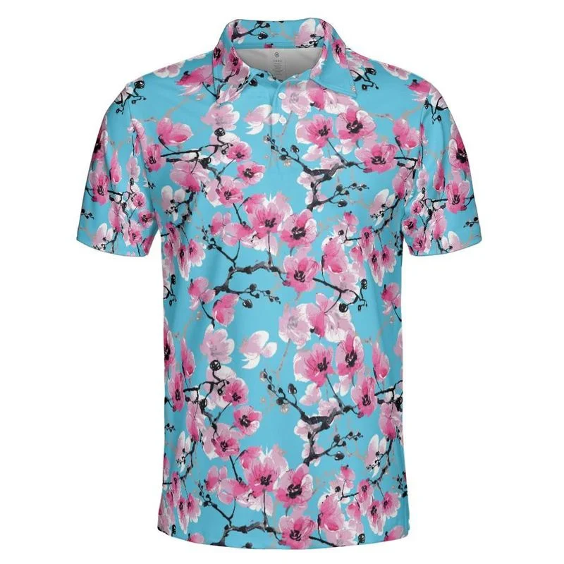 Pink Cherry Blossoms Polo Shirt For Men Outdoor Casual Flower Plant Print Breathable Golf Shirts Harajuku Trendy Summer T-shirt