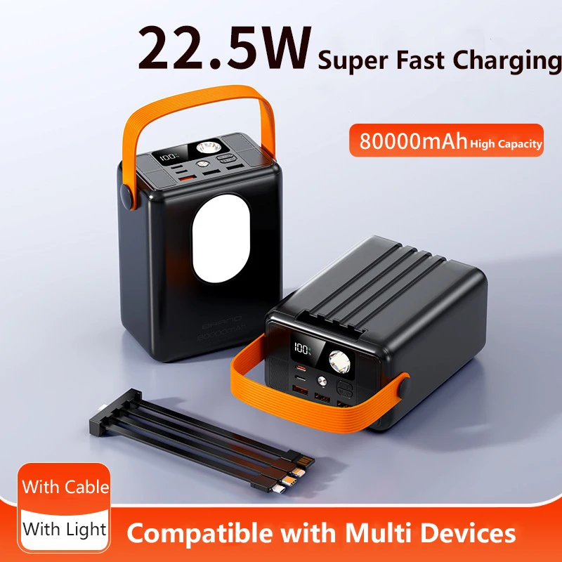 

Super Power Bank 80000mAh 22.5W Fast Charging Portable Charger With Dual Flashlight for iPhone Samsung Powerbank Built in Cable