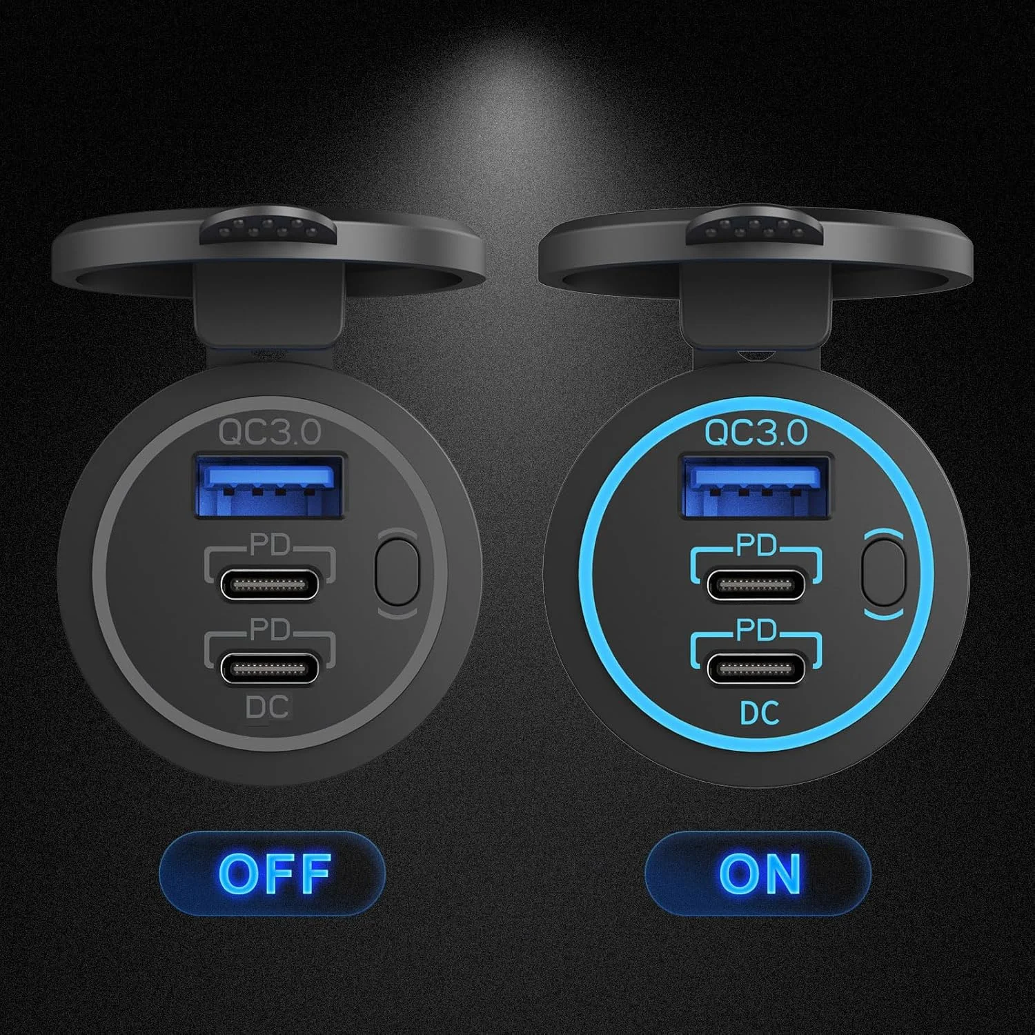 12V Car Charger Dual PD3.0 USB-C and QC3.0 USB Port Power Socket with Switch for Car Boat RV Marine ATV