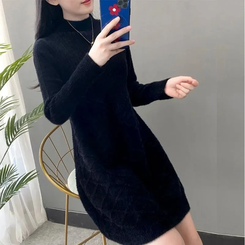 Imitation Mink Velvet Semi-Turtle Neck Sweater Dress Women Outside Wear Fshion Long Loose Knit Bottom Shirt Dress Autumn Winter