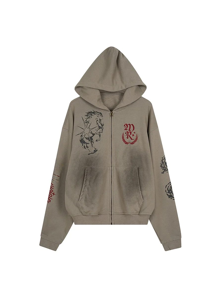 

Уличная толстовка на молнии с эффектом потертости, свободный крой, повседневная верхняя одежда, весенний сезон, удлиненные рукава, эластичная ткань, уличный стиль