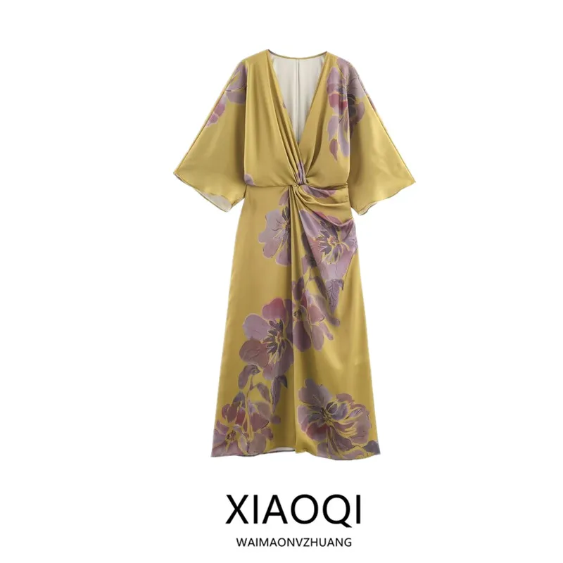 2025 가을 신상 여성 패셔너블 다용도 플로럴 프린트 미디 드레스 캐주얼 A라인 스커트 V넥 드레스