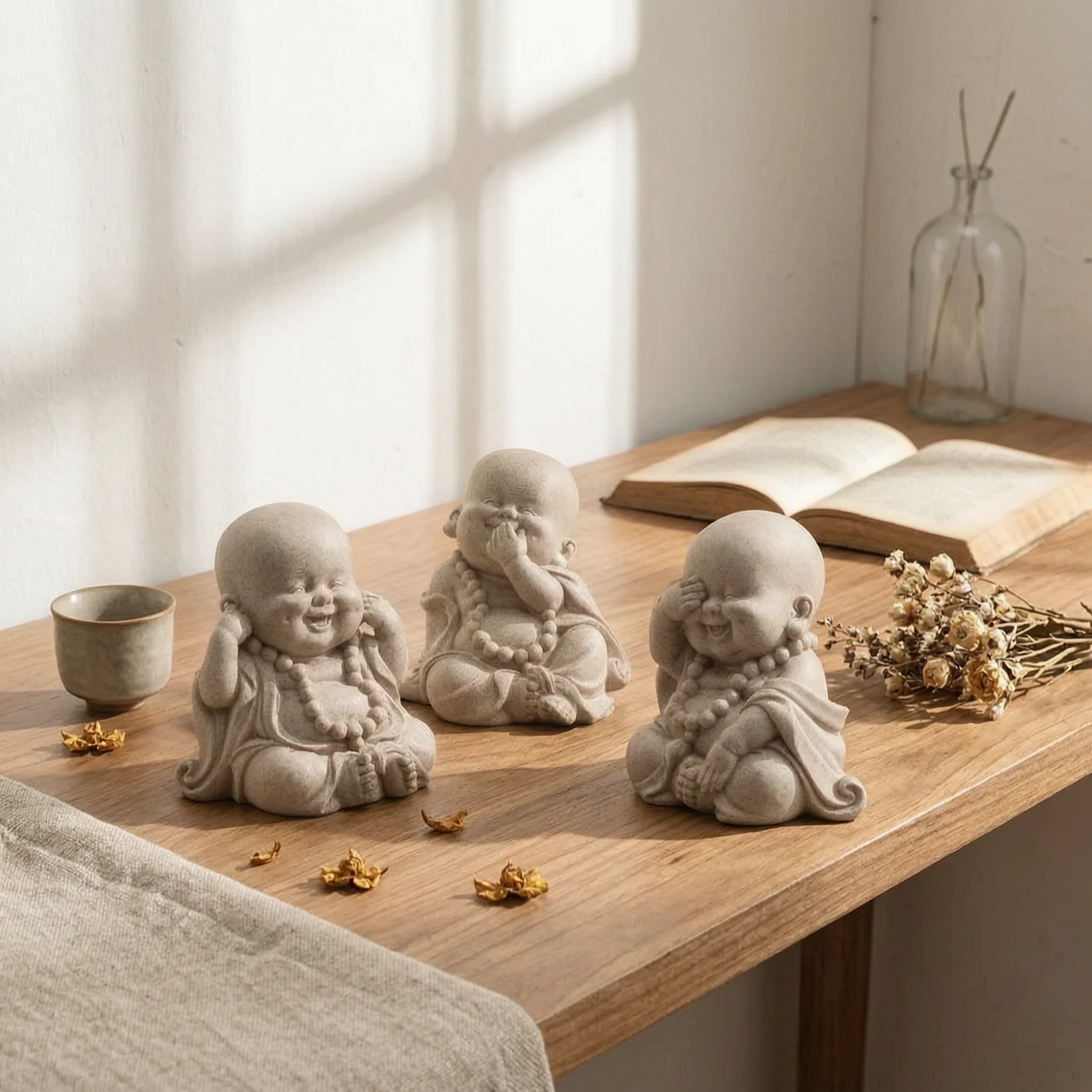 

Tea Pet Monk Figurine Handmade Resin Monk Figurine Tea Pet Statue Beaded Necklace Table Decor Matte Finish