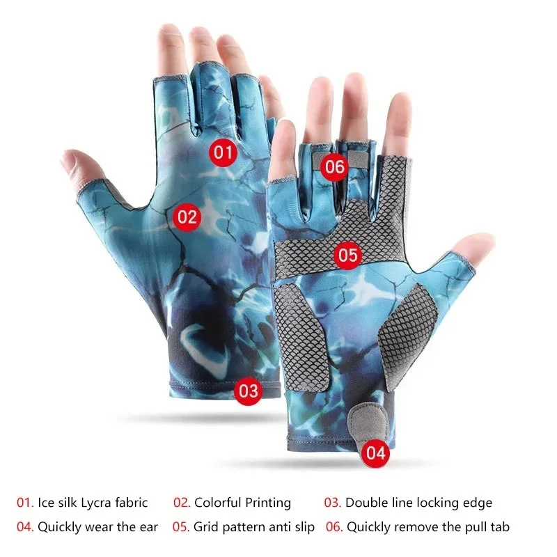 여름 낚시 통기성 아이스 실크 반손가락 장갑 프린트 통기성 자외선 차단 장갑 세탁 가능 야외 사이클링 스포츠 장비