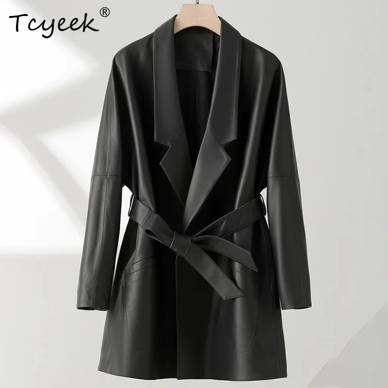 Tcyeek 100% Top Layer Sheepskin Coat Real Leather Jacket Women 2026 Autumn Clothes Belt Woman Coats Mid-length Jaqueta De Couro