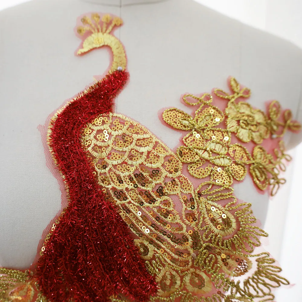 Gold Red Sequin Embroidered Peacock Birds Applique Lace Fabric Trimming Sew Patch Collar Wedding Gown Dress Clothes DIY Crafts