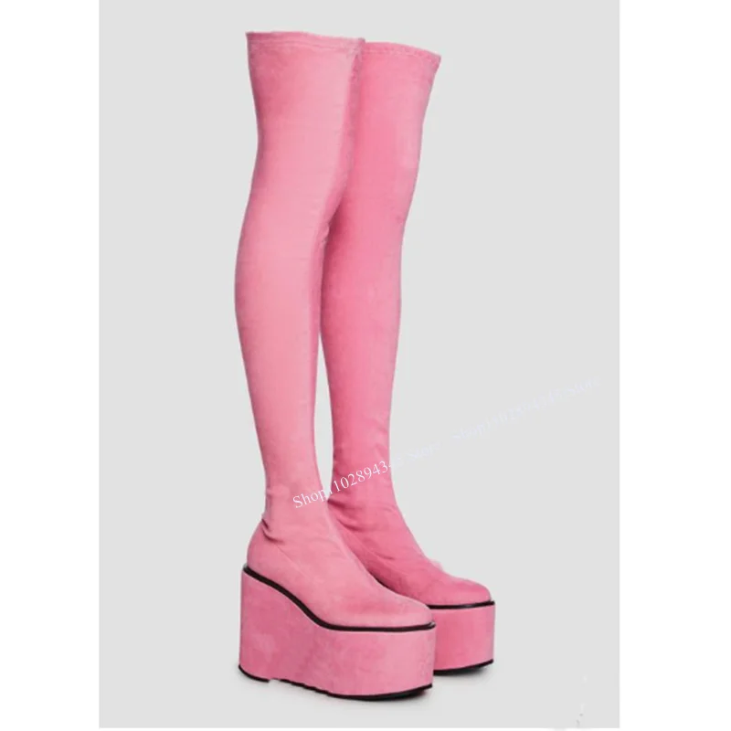 Botas de plataforma alta para joelho feminino, salto grosso, cristal rosa, sapatos casuais tamanho grande, elegante e sexy, 2023, verão