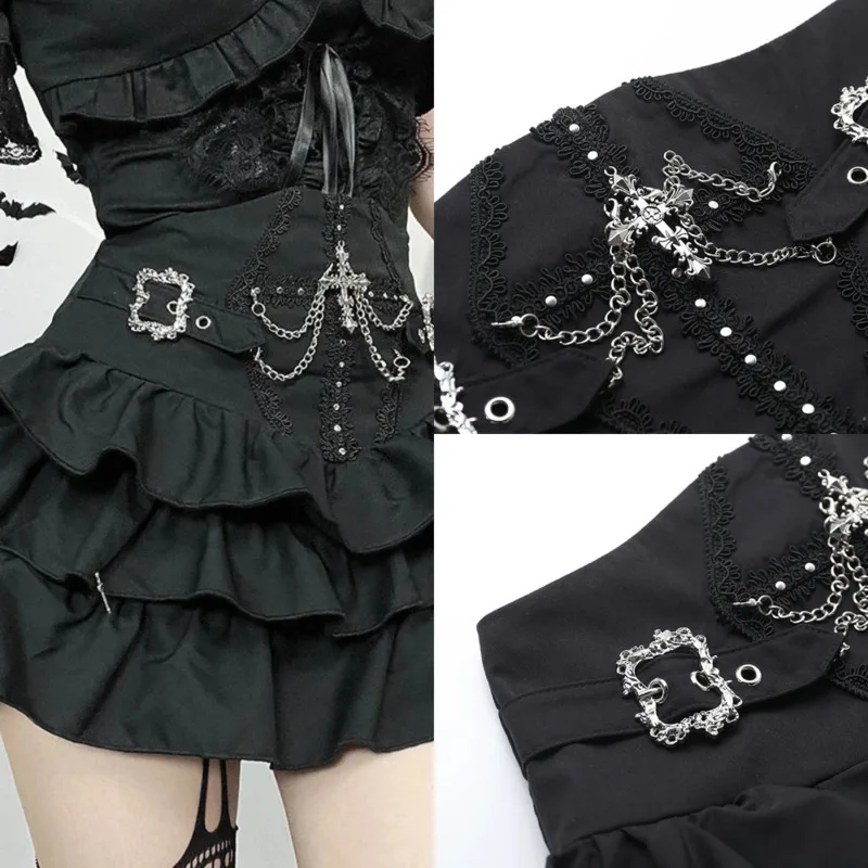 

Dark Gothic Subculture Lace-up Girl's Shirts New Sexy Black Lolita Lace Tiered Cake Skirt Y2K Bow Tie Back Dress Two Piece Set