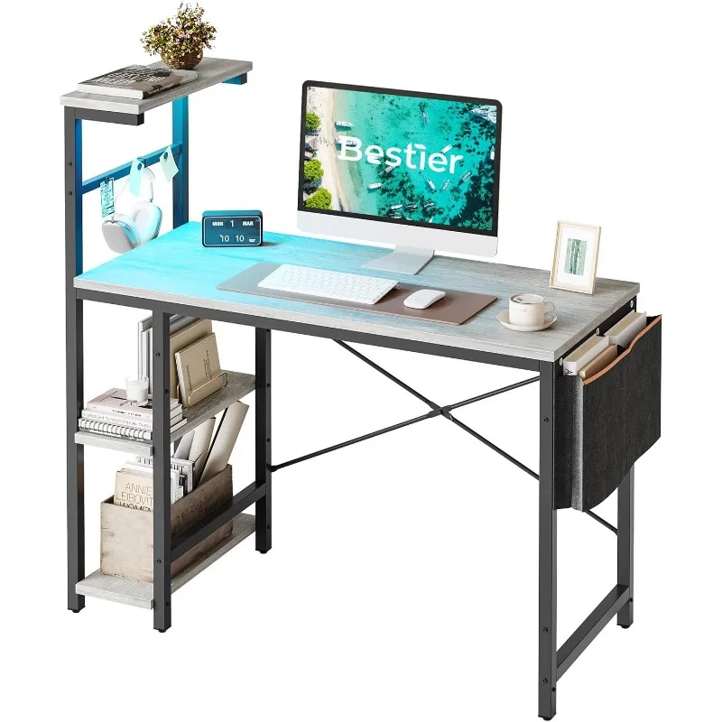 Computer Desk with 4 Tiers Shelves, Gaming Desk with LED Lights, 44 Inch Office Desk with Storage Bag & Printer Shelf