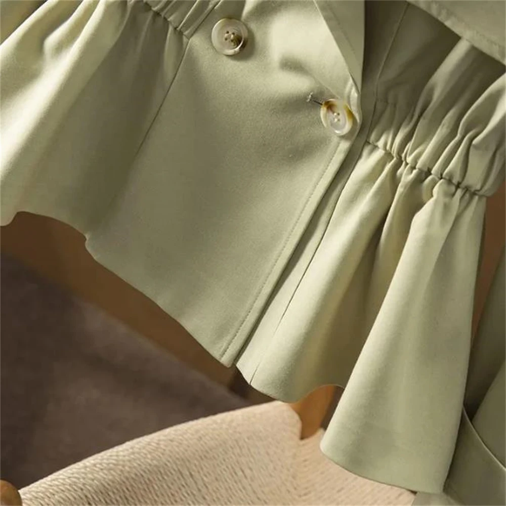 Gabardina corta de piel sintética para mujer, manga raglán, solapa con cordón, Tops de doble botonadura, prendas de vestir exteriores delgadas, primavera y otoño