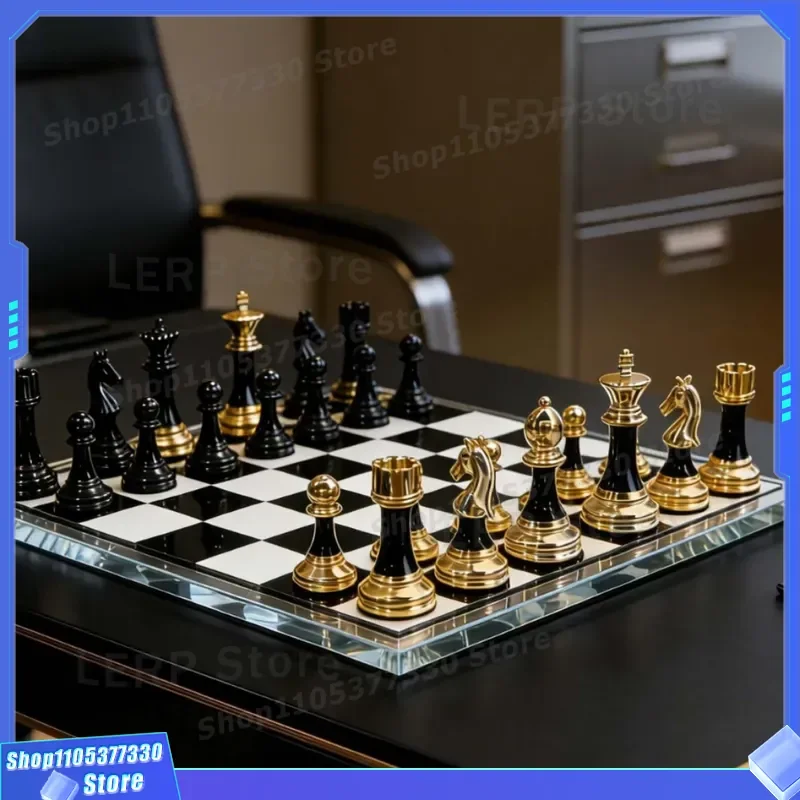 Luxury Black Gold Metal Chess Set High End Office Desktop Ornament Business Gift for Study Living Room Decoration Premium