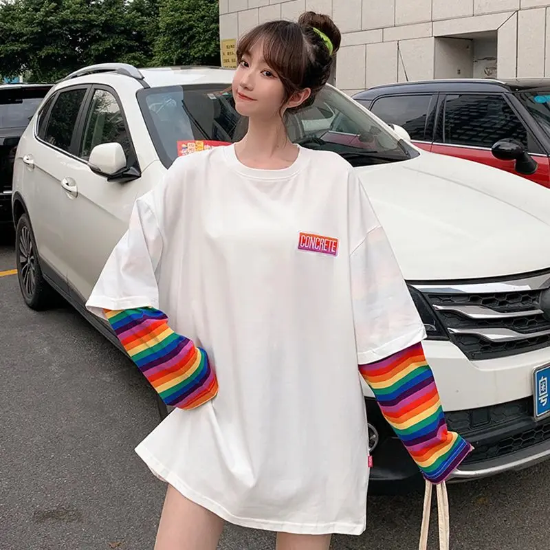 Fake Two Rainbow Striped T-Shirts Women Autumn 2024 New Korean Version Loose Versatile Bottoming Long-Sleeved Tops