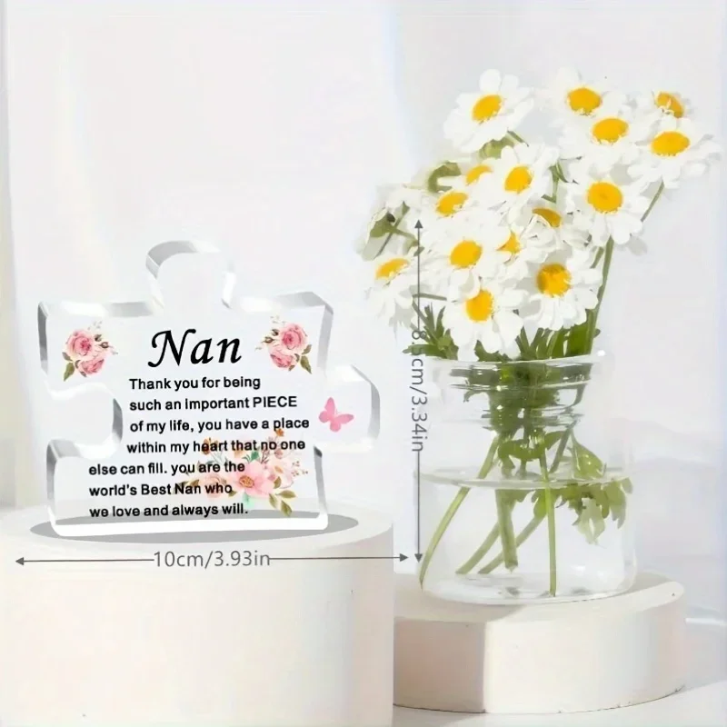 HELLOYOUNG Puzzle Shaped Acrylic Plaque Nan Thank You Quote Tabletop Sign Rose Butterfly Desktop Decor Grandmother Keepsake Gift