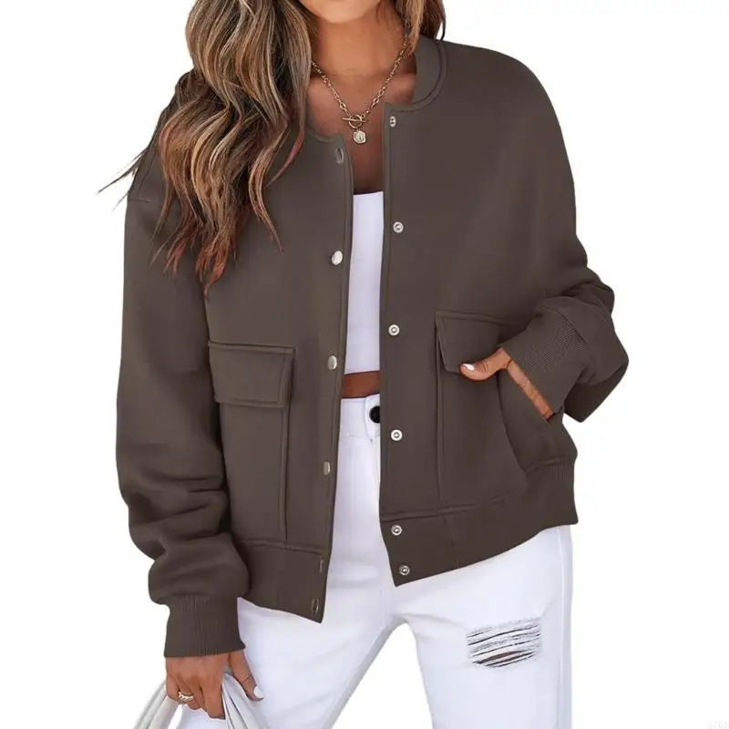 سترة نسائية قصيرة 270D بأكمام طويلة، معطف كاجوال للخريف خفيف الوزن مع جيوب #4
