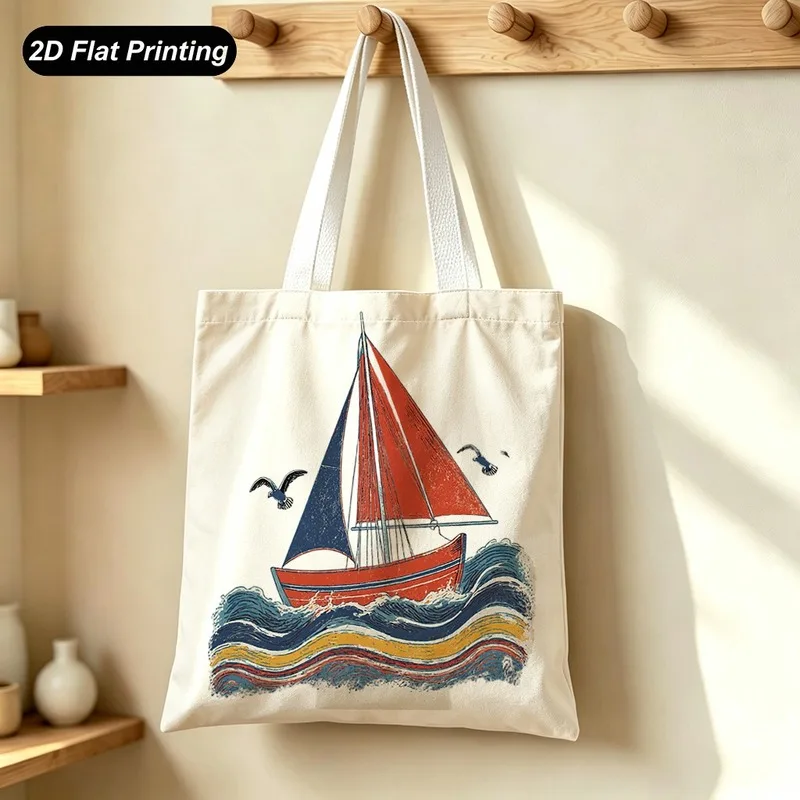 1PC【Tote Bag】Large capacity，Size15.7in*13.8in，Printed Design - Not Textured，Sea waves, boat, seagull pattern，Suitable