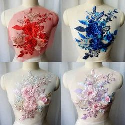 Blue Red Pink 3D Flower Lace Fabric Sequin Beads Rhinestone Embroidered Gown Appliques Sew Patch For Wedding Decoration Dress