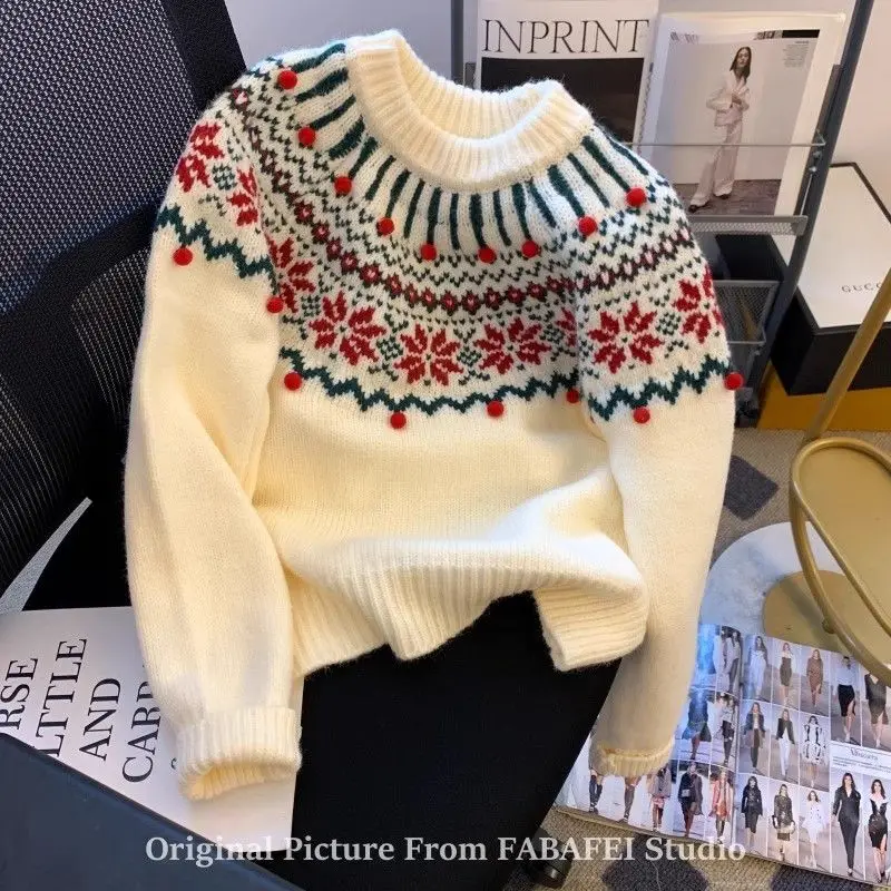 Świąteczny sweter damski z żakardowym wzorem Fair Isle na jesień i zimę, gruby, retro, luźny, uniwersalny top do noszenia pod ubraniem.