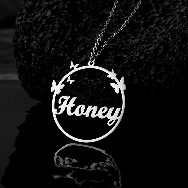 Lateefah Fashion Personalized Custom Name Stainless Steel Round  Wreath Butterfly Necklace