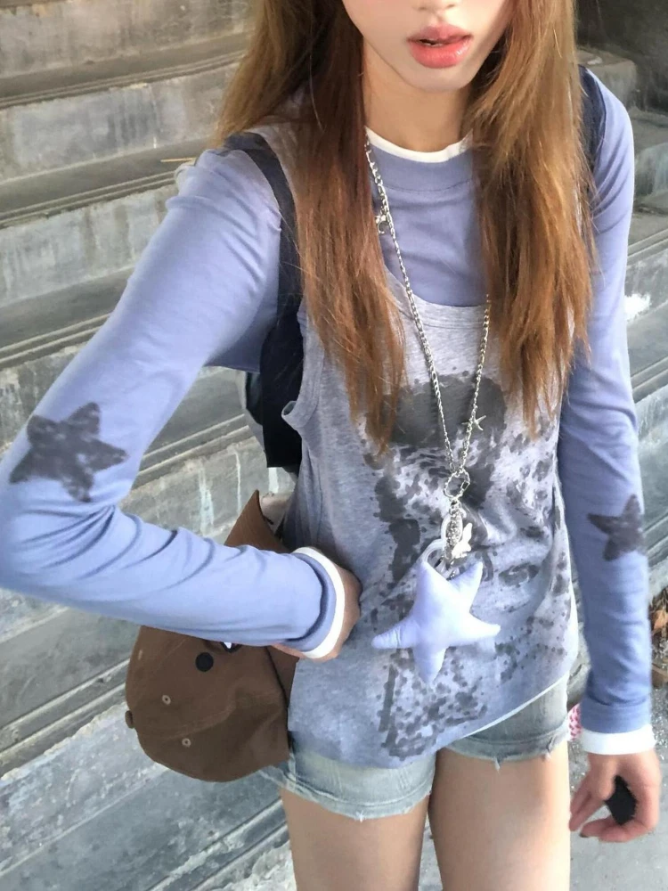 Y2K الجمالية قطعتين مجموعات المرقعة ستار الطباعة طويلة الأكمام تي شيرت خمر الكرتون سترة دون أكمام الإناث الجرونج دعوى