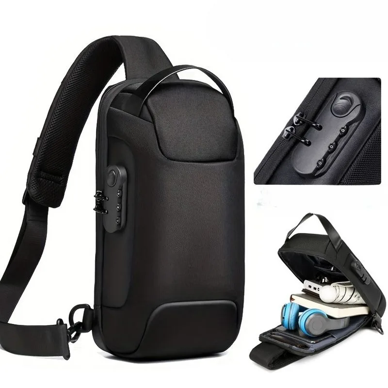 Sac messager Oxford USB étanche, sac à bandoulière antivol avec mot de passe, sac de poitrine de voyage multifonctionnel pour ordinateur pour hommes