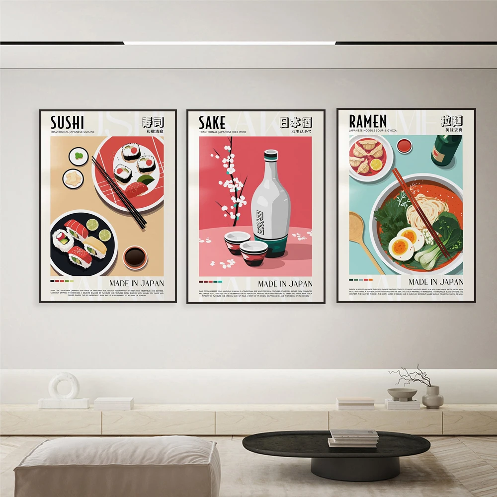 Japanese food, ramen, sushi, sake print, drink poster, modern kitchen decoration, ukiyo-e, foodie, exhibition retro wall art