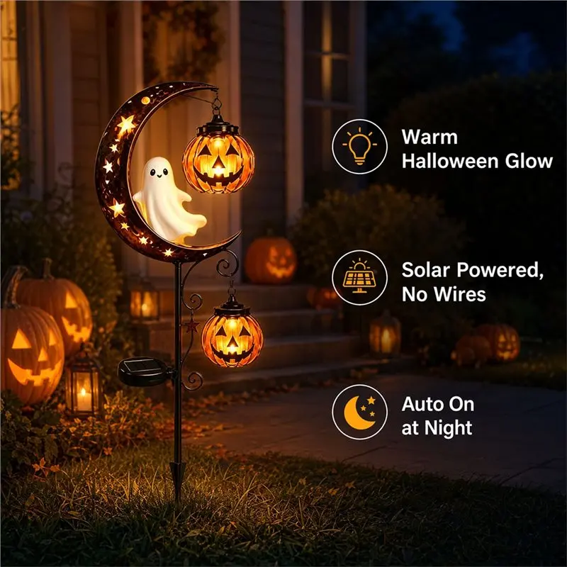AAAF Waterproof LED Halloween Pumpkin Moon Light Solar Powered Garden Lawn Light Metal Outdoor Decor For Yard For Pathway Patio