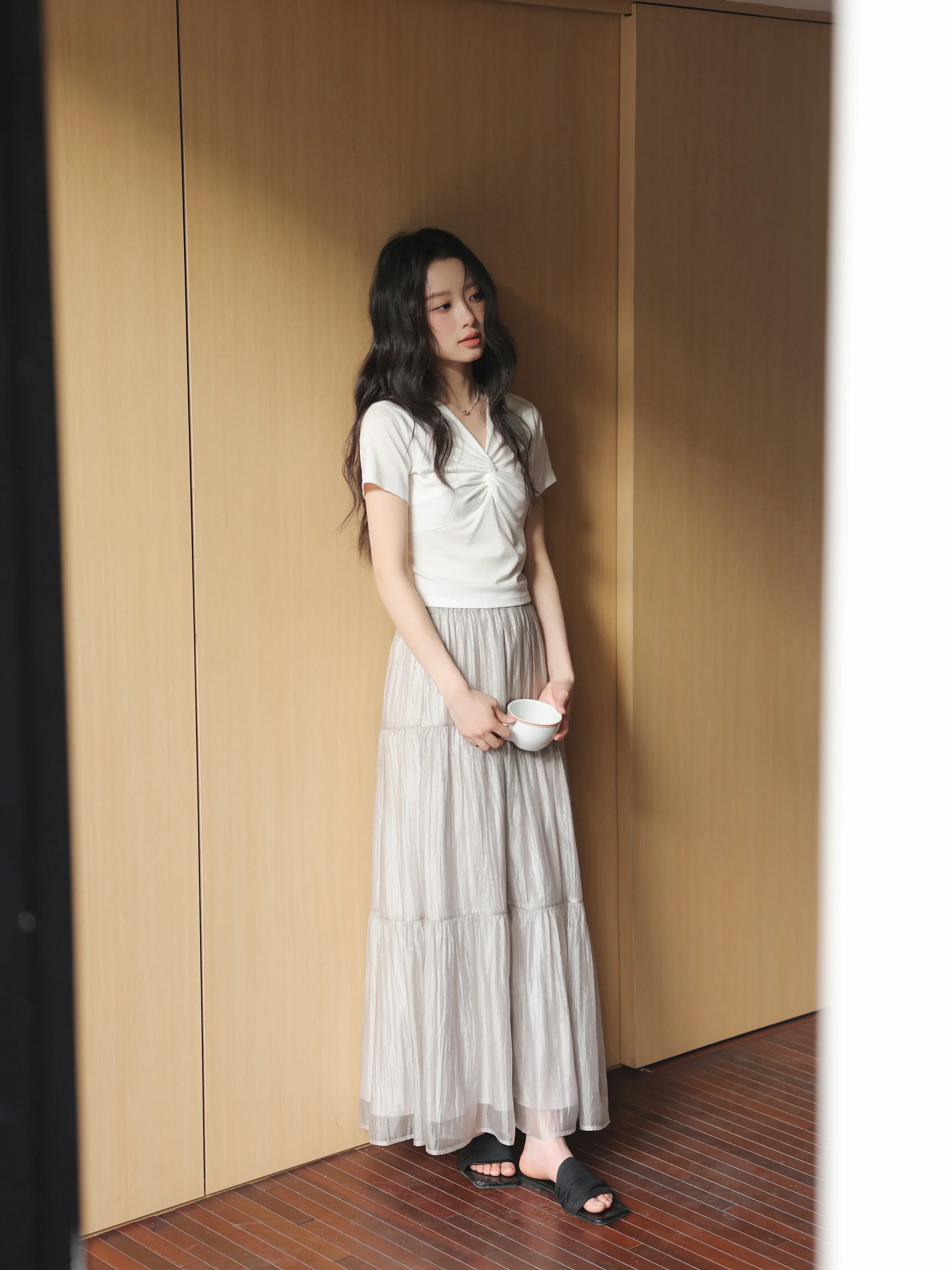 Summer Tiered Pleated Midi Skirt for Women High Waist A-Line Elastic Waist Flowy Chiffon Skirt Elegant Lightweight Petite Fit