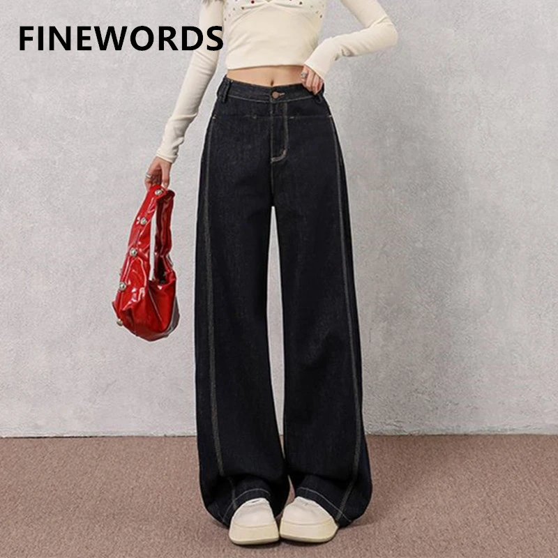 

FINEWORDS Retro High Waist Washed Denim Jeans Women Wide Leg Korean Jeans Streetwear Harajuku Easymatch Full Length Baggy Jean