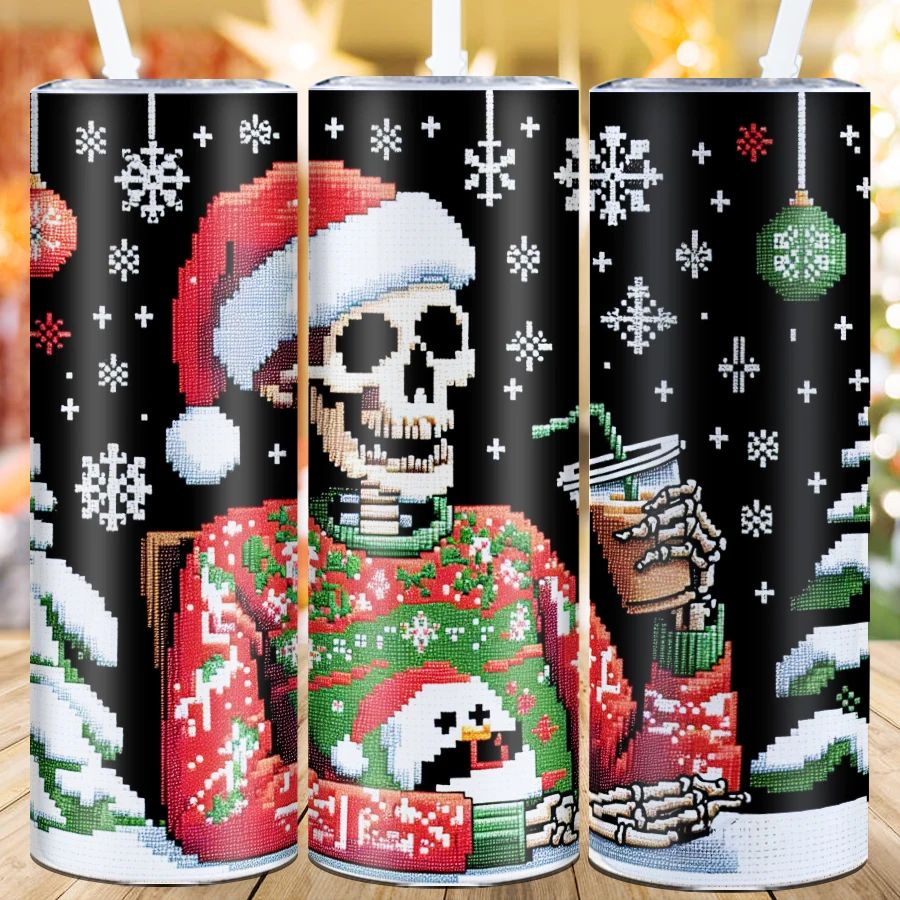 Christmas 3D Print Skeleton Party Coffee Bottle Straw Lid 1Pc 20oz Large Capacity Stainless Straight Mugs Xmas Party Supplies