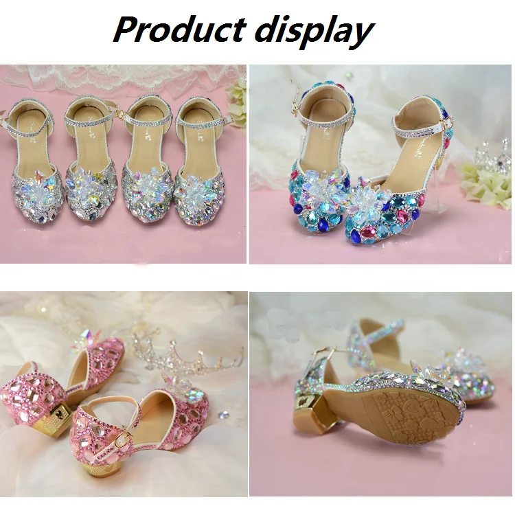 Elegant Bling Little Girls Crystal Shoes Sandals Anti Slipper Flower Princess Dress Shoes for Kids Children