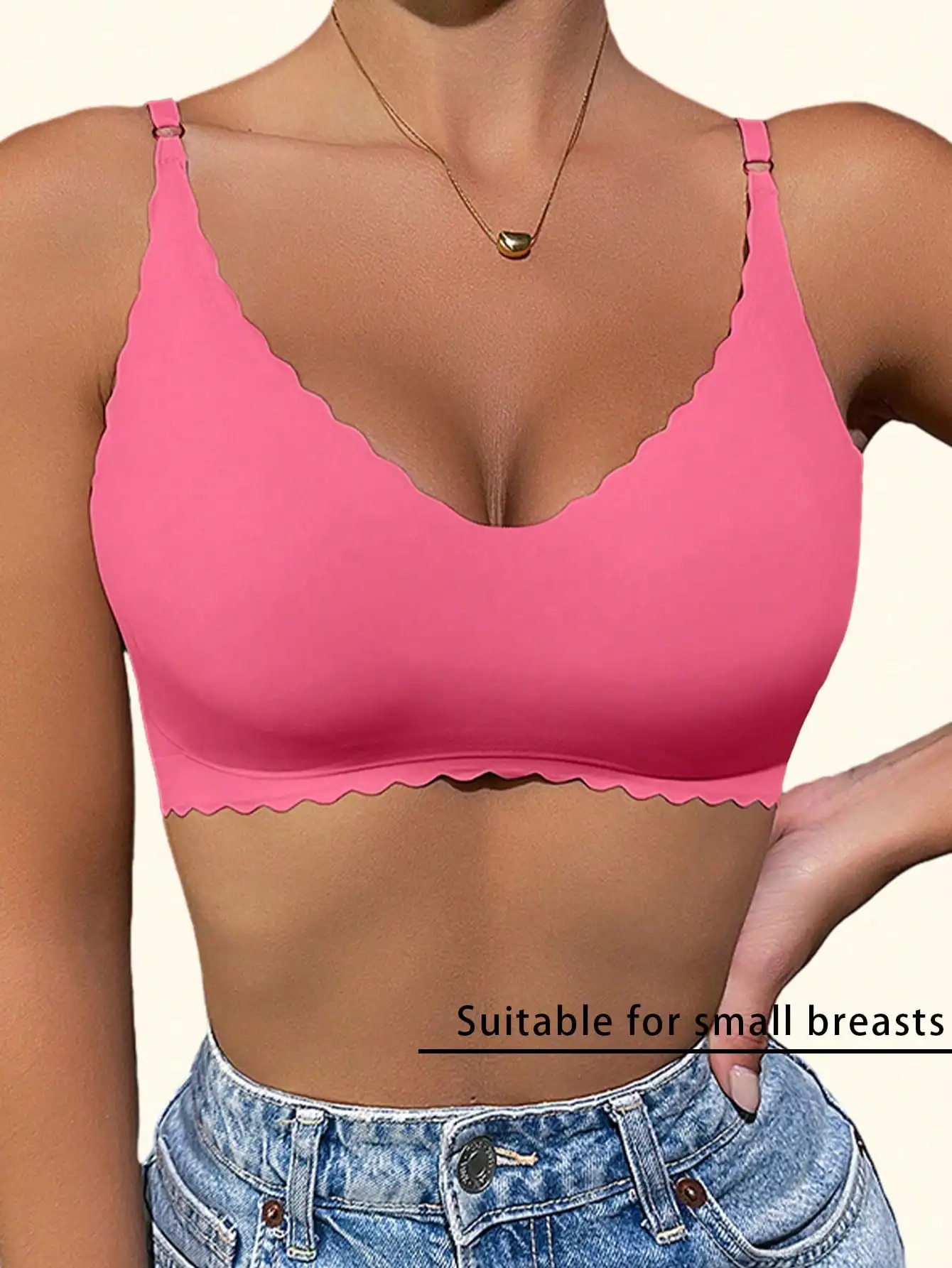 

Pink Seamless Bra with Scallop Edge, Wire-Free, Adjustable Straps, for Small Breasts, Comfortable Daily Wear