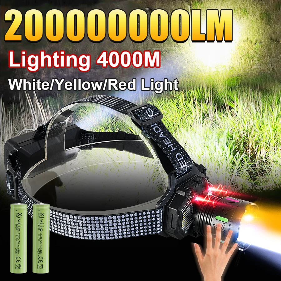 Potente linterna frontal LED con Sensor de movimiento, linterna frontal de pesca recargable por USB con luz trasera, 200000000LM