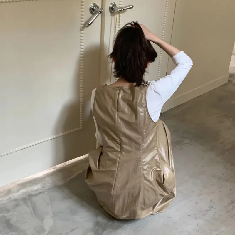 Robe longue débardeur en cuir pour femmes, Style français, Vintage, sans manches, coupe cintrée, ligne a, mi-longue, printemps