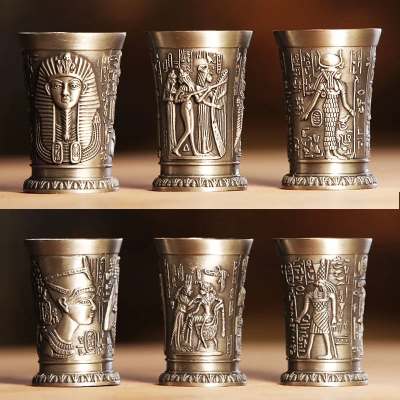 

3pcs/lot Egypt Myth Retro Copper Cup Shot Glasses 3D Relief Wine Liquor Spirits Cleopatra Rameses Rah Silvery Antique Glasses
