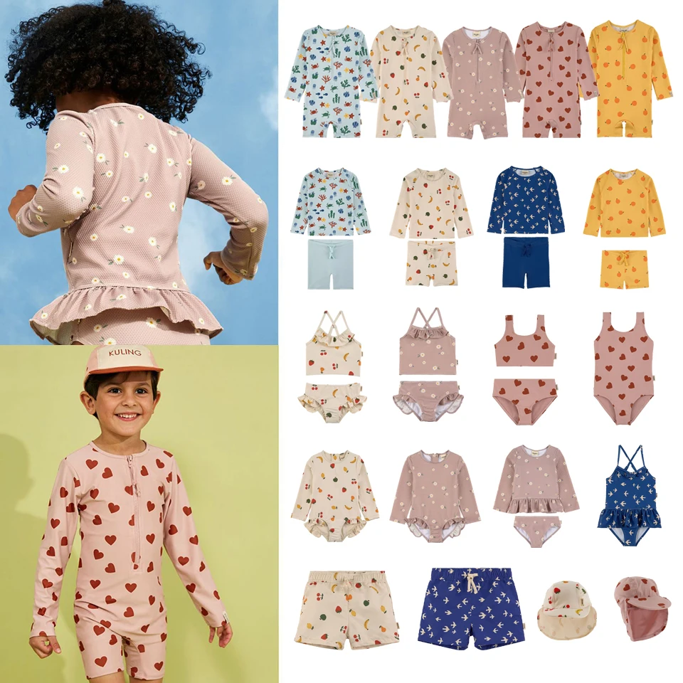 귀여운 만화 비키니 어린이 수영복 세트, 여름 세트, 소년 소녀, 아기, 어린이 휴가 해변 수영복, 2024 