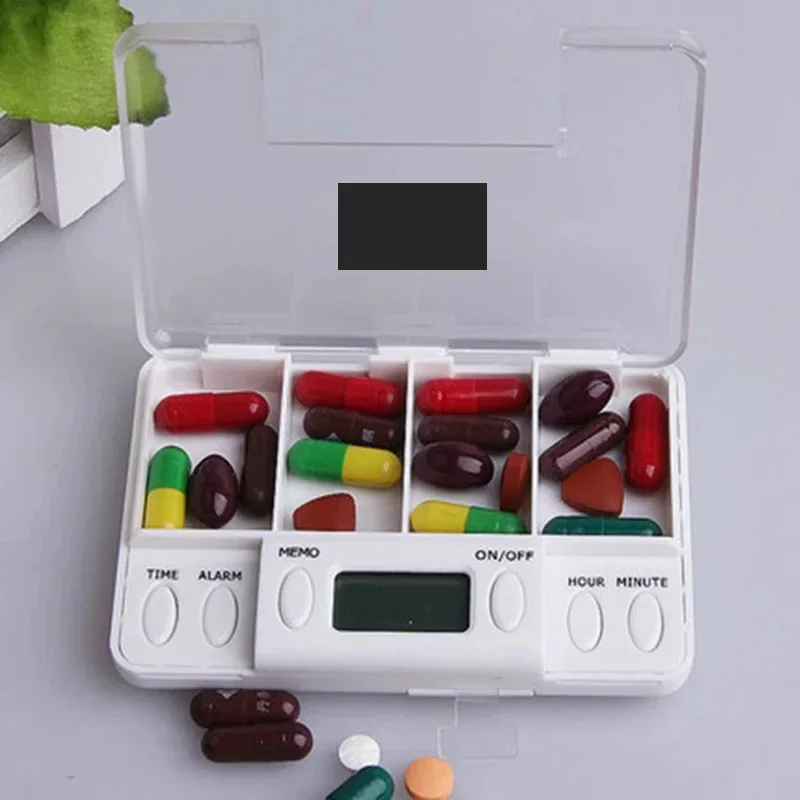 4-Compartment Pill Box Electronic Timing Reminder Portable Travel Pill Box Portable Sealed Pill Organizer Medicine Container