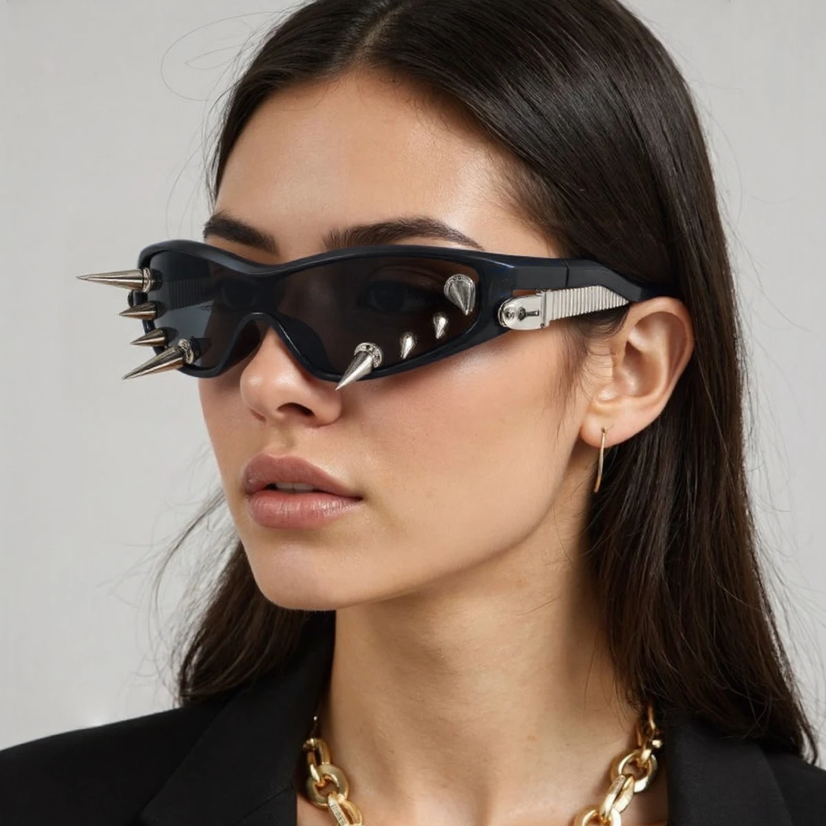 Cyberpunk polarized DIY exaggerated sunglasses for both men and women, featuring studded motorcycle style, hip-hop streetwear