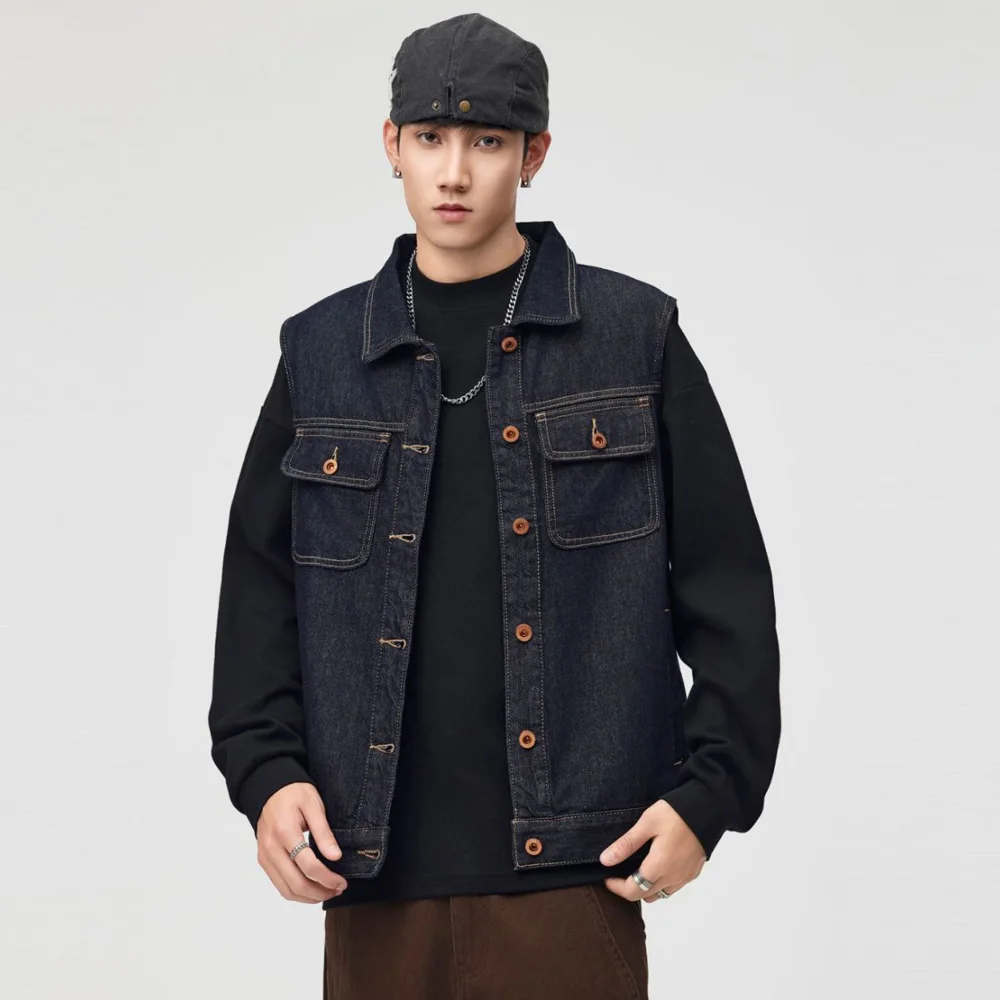

Men Japanese Retro Amikaki Fashion Loose Casual Denim Vest Sleeveless Jacket Cityboy Jeans Waistcoat for Women Vests